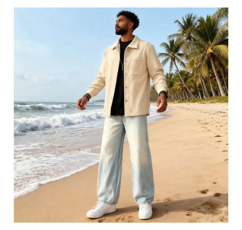 Men's Warm Brushed Jacket Lapel Button-Down Casual Coat for Autumn Winter Business，with Pocket