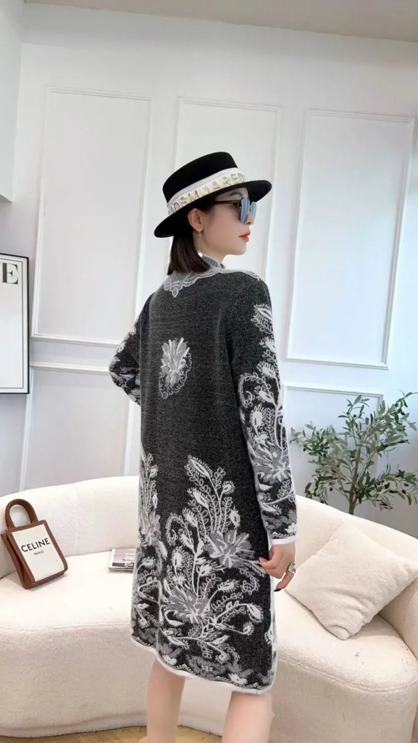 Autumn Winter Women Vintage Ethnic Style Flower Pockets Knitted Dresses Ladies Half High Collar Long Sleeve Loose Sweater Dress