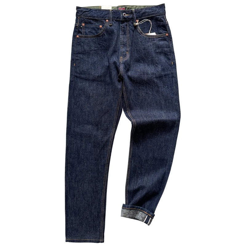14oz Raw Selvedge Denim Jeans for Men Tapered Straight Indigo Washed 100% Cotton Pants with Back Paris buckle American Vintage