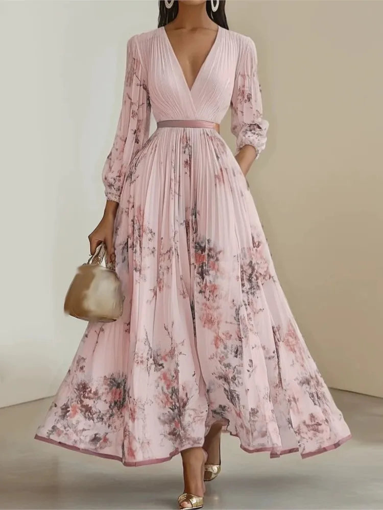 Elegant Print Dress For Women Fashion Long Sleeve V Neck High Waist Lace-up Loose Dresses Robe Femme Holiday Party Clothes New