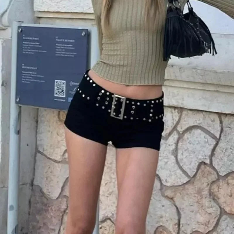 Women’s Studded Mini Denim Shorts – Y2K Clubwear Micro Fit