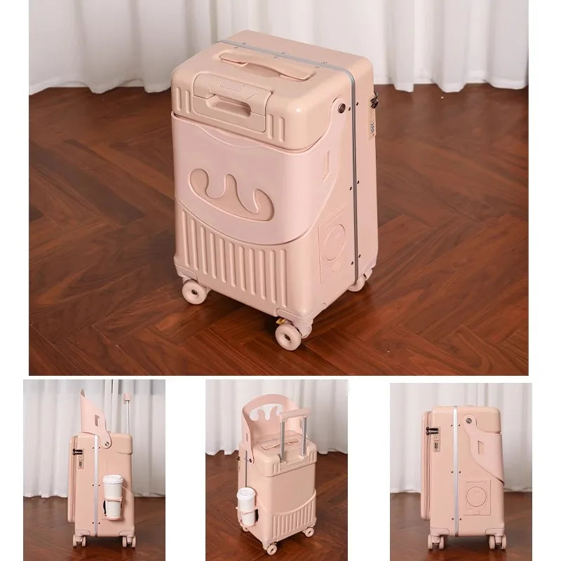 2025 New suitcase for children can Sit 20/22 inch Ride on Luggage Front Opening Sturdy Thickened Travel suitcase with Cup Holder