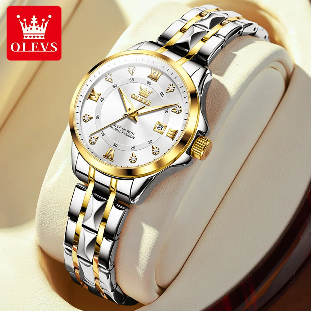 OLEVS Elegant Luxury Watches for Women Original Stainless Steel Calendar Luminous Waterproof Quartz Fashion Trend Ladies Watch