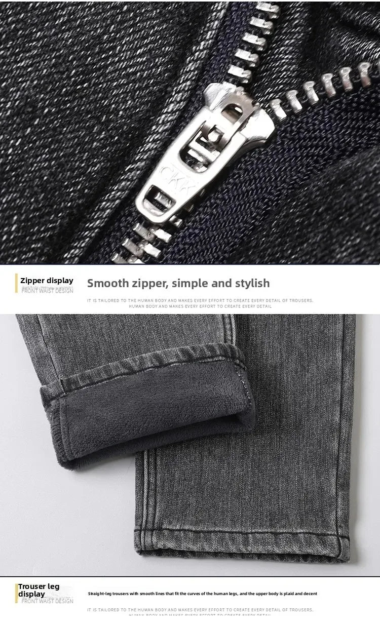 2025 New Winter Men Black Straight Stretch Denim Thick Velvet Pants Warm Jeans Casual Fleece Line Trousers Male Plus Size