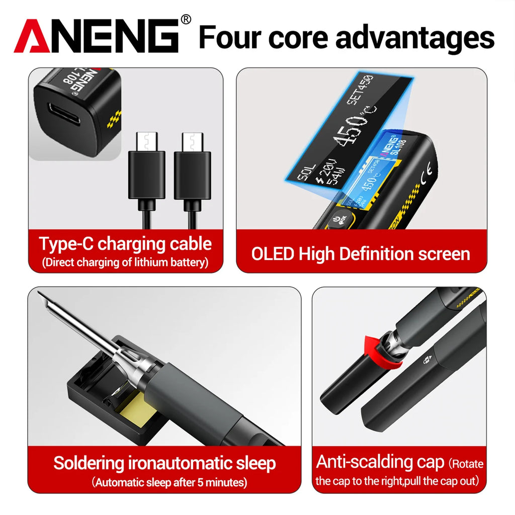 ANENG SL108 96W Smart Soldering Iron, PD/QC Fast Heating, Adjustable Temp 200-450°C, Portable Welding Station