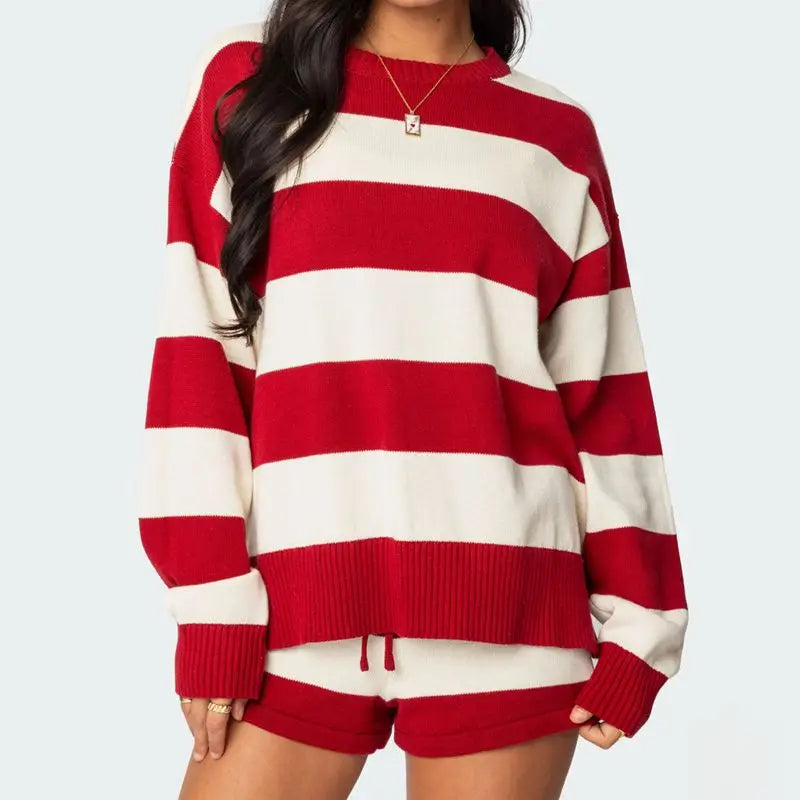 Women’s Striped Knit 2-Piece Set – Split Sweater Top & Drawstring Shorts