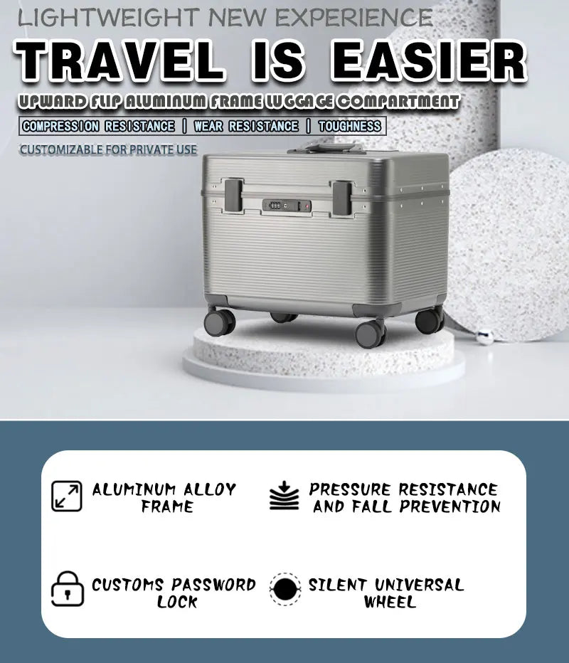 Aluminum Alloy Frame Suitcase, Top-Opening ABS Portable Trolley Case, Universal Wheels, Customs Code Lock Boarding Case