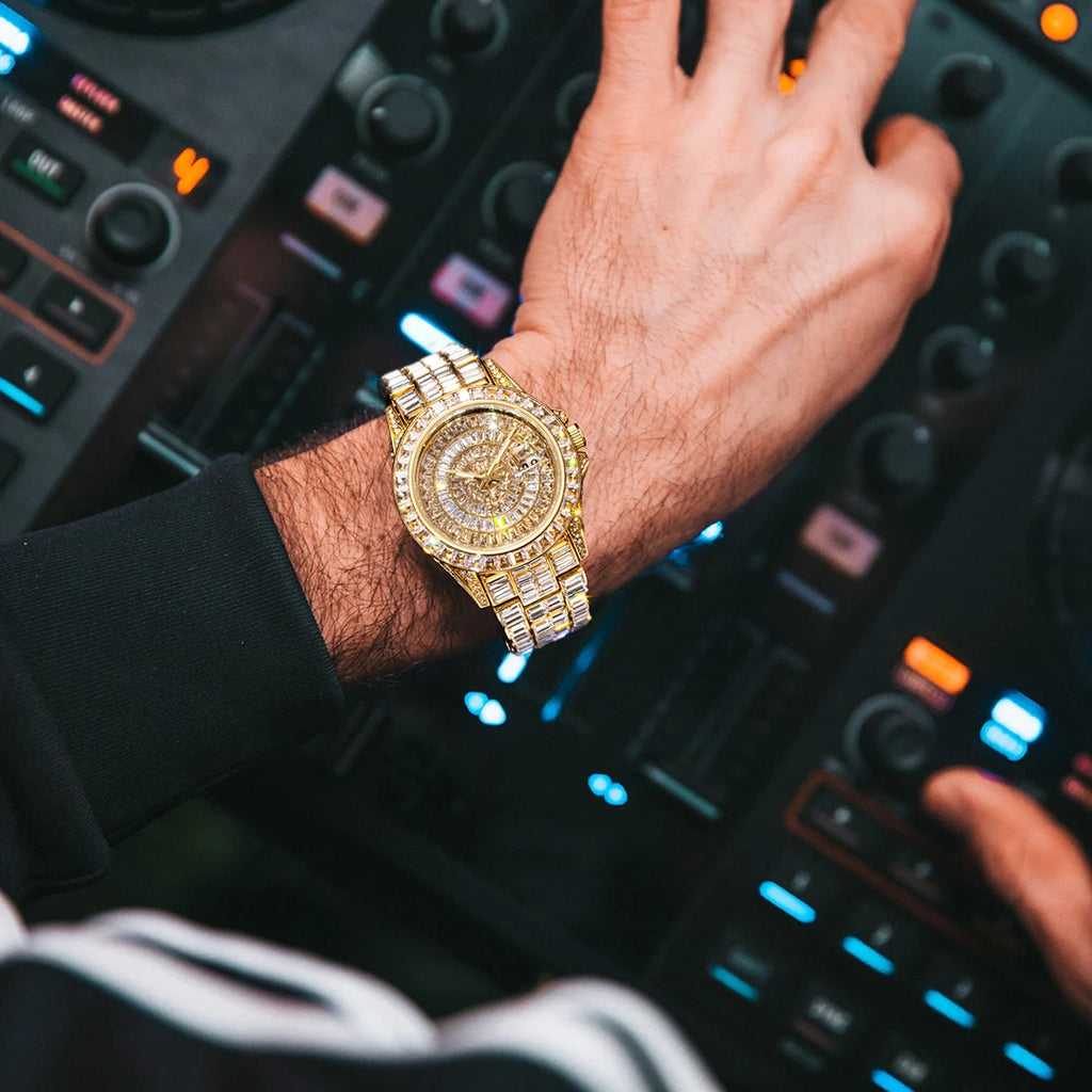 MISSFOX Full Iced-Out Men’s Watch | Luxury Diamond Silver Stainless Steel Quartz with Auto Date