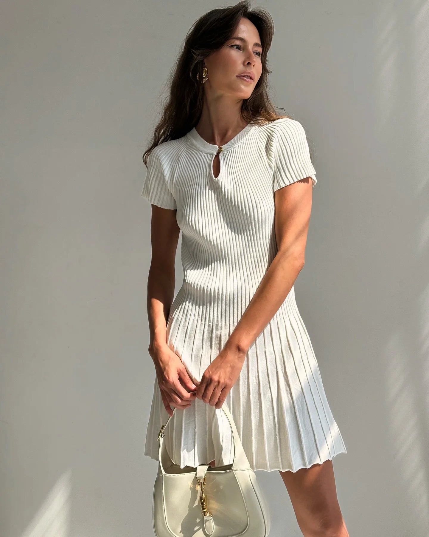 Ribbed Knitting A-line Short Dress Chic Elegant Slim Summer Dress 2025 Short Sleeve Round Neck Fashion New Dresses Vestidos
