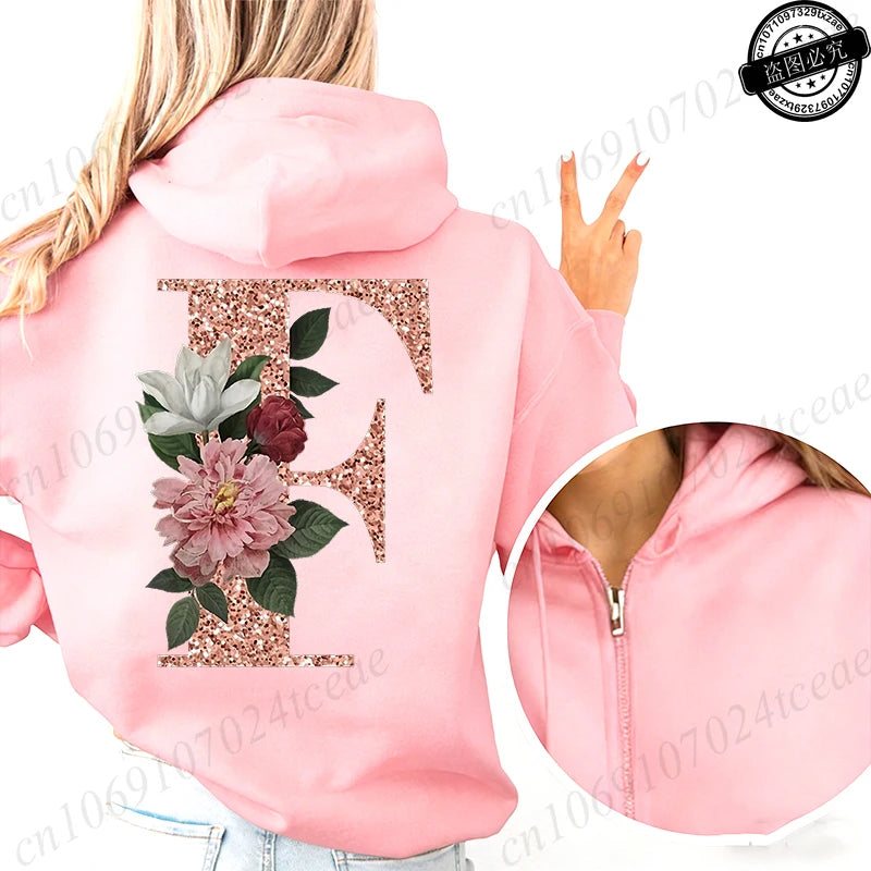 Women Zip Up Hoodies Rose Gold Letter A~Z Zipper Jackets Coats Autumn Winter Hoody Sweatshirt Fashion Casual Zip Pink Hoodie Top