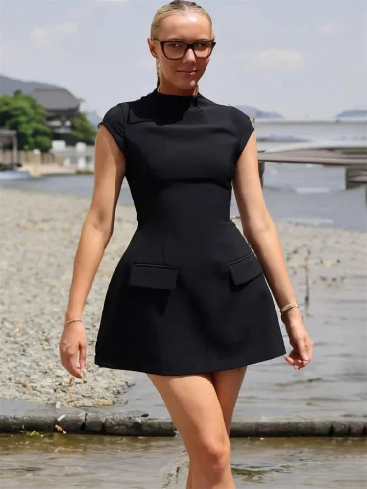 Tossy White Slim Women's Mini Dress Sleeveless Casual Pocket High Waist Elegant Party Dress Patchwork Fashion Solid Ladies Dress