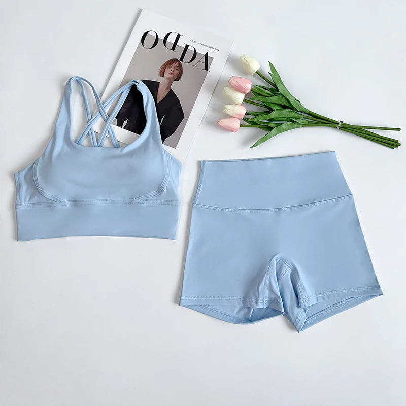 ZOCI 2-Piece Naked-Feel Yoga Set — Strappy Sports Bra & High-Waist Shorts for Women