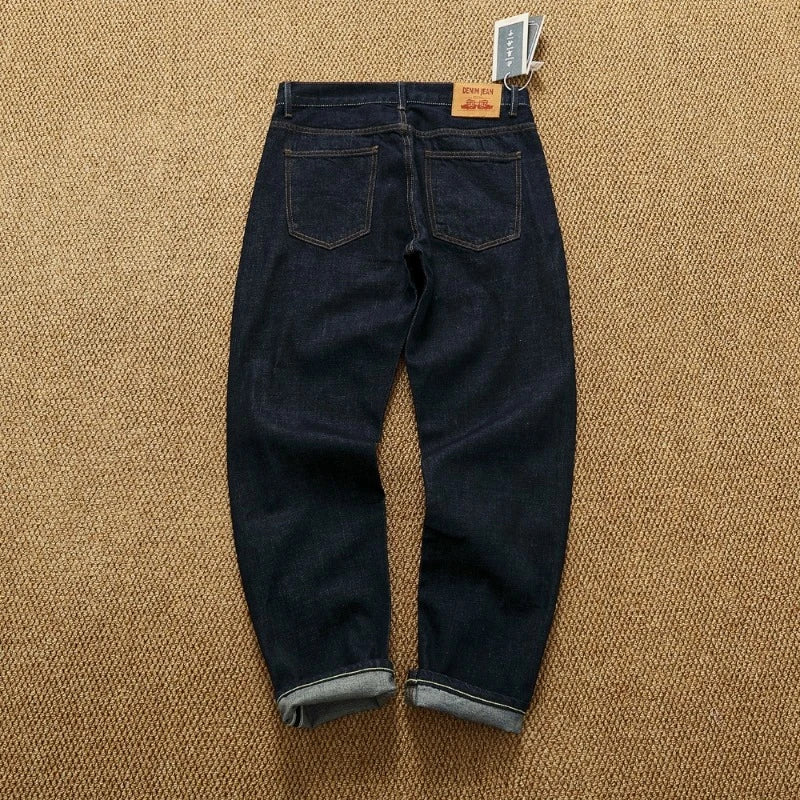 Original color raw fabric selvedge denim jeans men's straight micro tapered khaki retro trousers