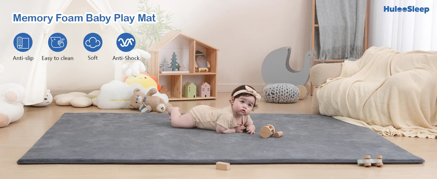 Gray Memory Foam Baby Play Mat for Playpen Thick Large Crawling Mat for Floor Soft Velvet Non-Slip for Kids Playroom Mat Rug