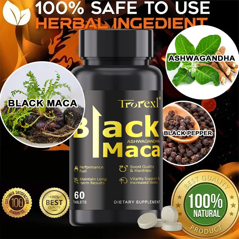 HABUMAMA Natural Black Maca Tablets with Ashwagandha & Black Pepper – Male Energy & Stamina Booster | Supports Vitality, Endurance & Performance (60 Tablets)