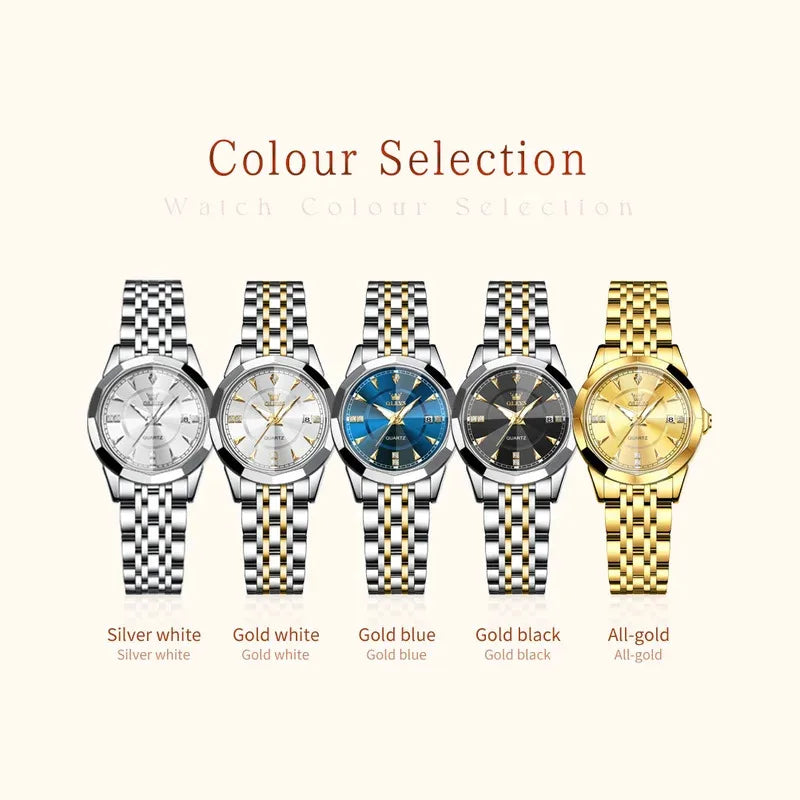 OLEVS 9977 Women's Quartz Watch Rhombus Mirror Waterproof Stainless Steel Elegant Luxury Ladies Hand Clock