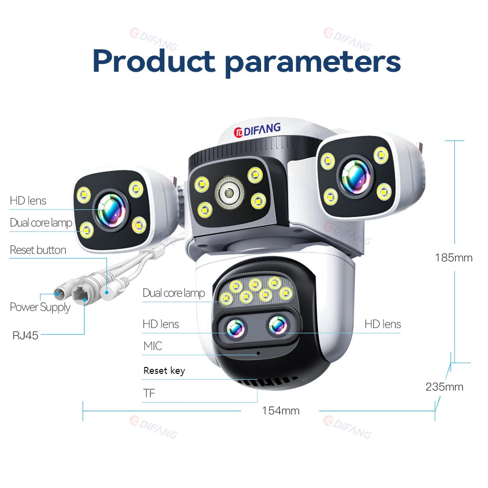 Outdoor 10K WiFi6 Camera 20MP 10X Optics Zoom Three Screen Four Len PTZ Automatic Tracking 6K Dual Lens Waterproof Security CCTV