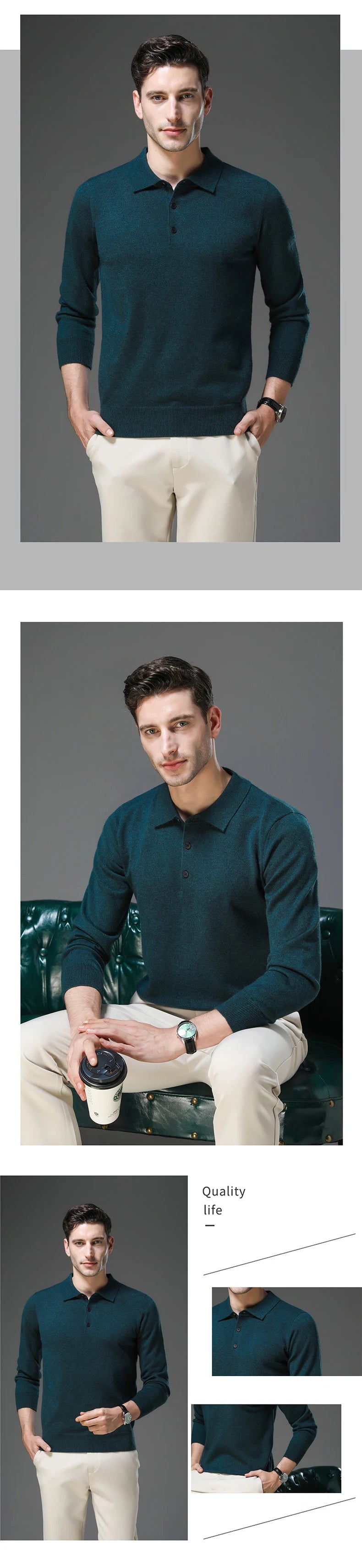 Top Grade Anti-Pilling New Fashion Men Knit Pullover Turndown Collar Autum Winter Slim Fit Warm Sweater Business Casual Jumper