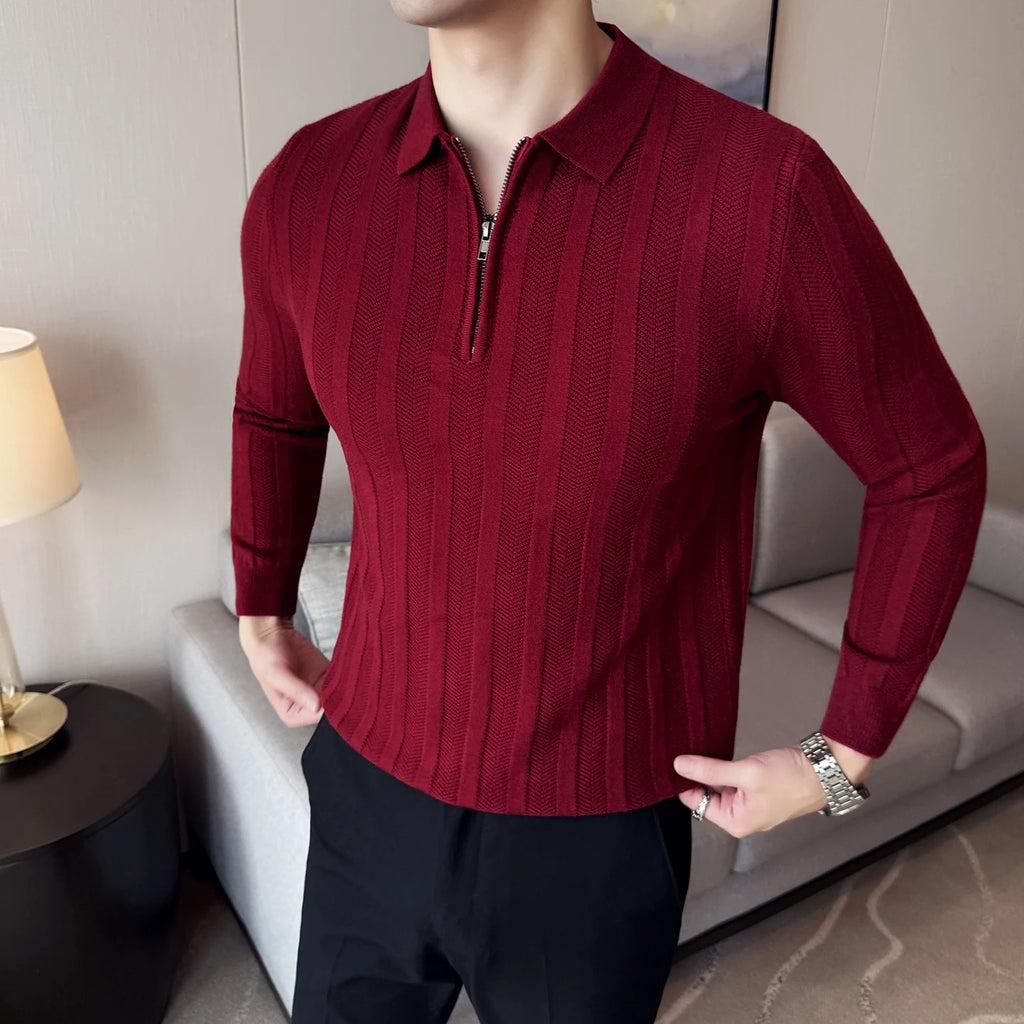 Men's Zip-Front Knit Sweater - White Polo Collar (Black/Burgundy/Cream) M-4XL Soft Touch Autumn Winter Casual Style