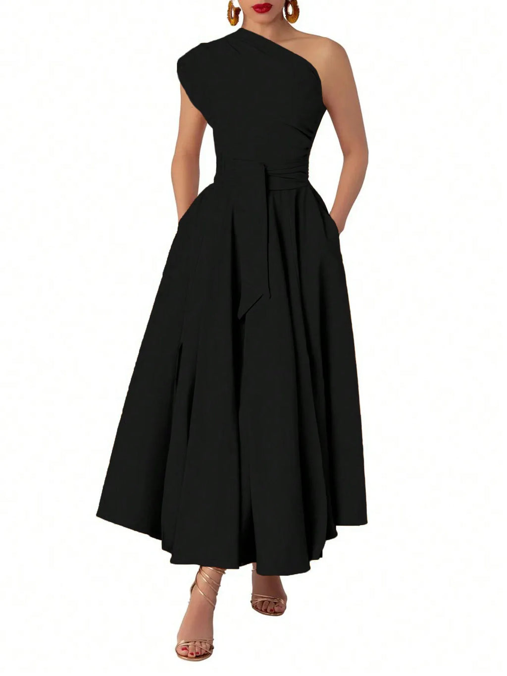 Women's Black Asymmetrical One-Shoulder Maxi Dress with Side Slit and Waist Tie
