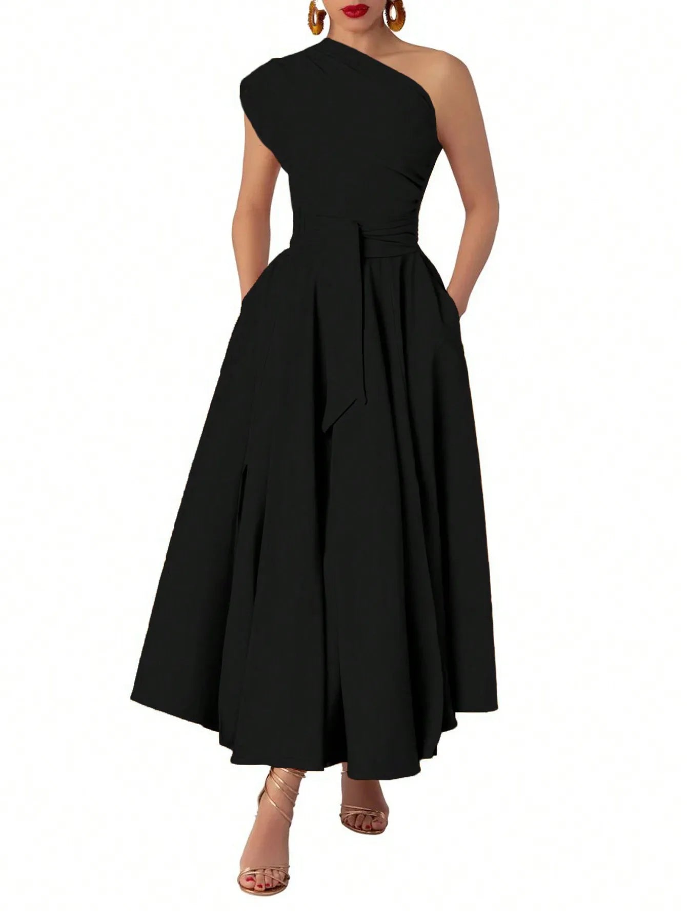 Women's Black Asymmetrical One-Shoulder Maxi Dress with Side Slit and Waist Tie