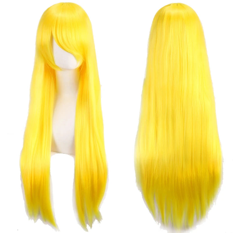 80cm Long Synthetic White Purple Cosplay Wigs Green Hair Straight Silver Wig Pink Hairpiece Lolita Wig with Bangs