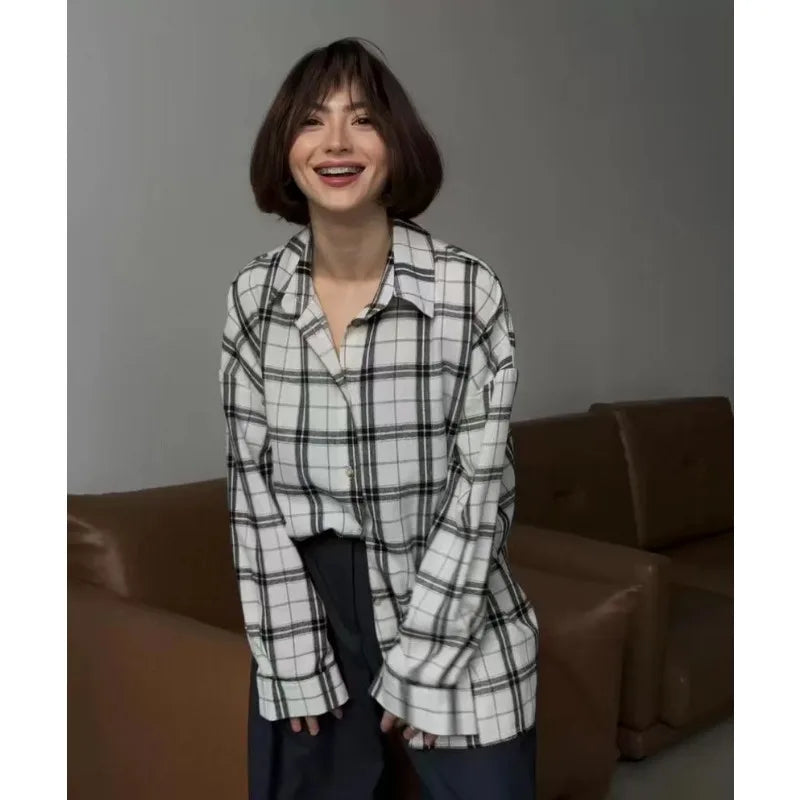 Fashion Baggy Plaid Women'S Blouse Elegant Lapel Long Sleeve Shirts And Blouses Vintage Pocket Lace-Up Top Female 2025