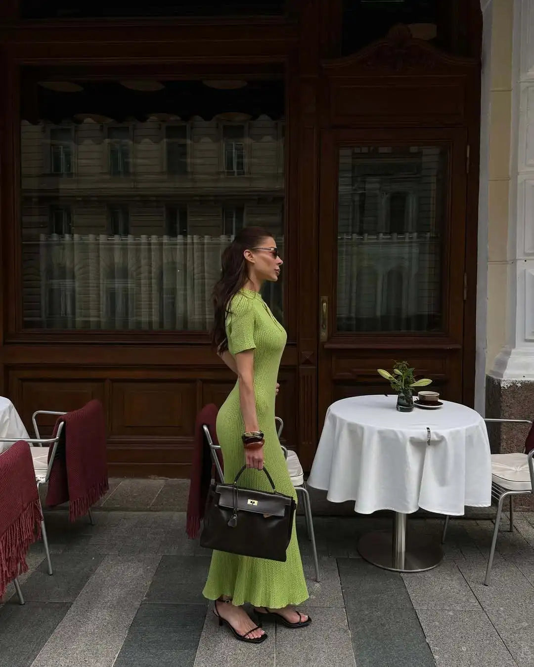 Tossy Knit Hollow Out Lace-Up Dress Female Ribbed Short Sleeve Patchwork High Waist Elegant Long Dress Women's Knitwear Dress