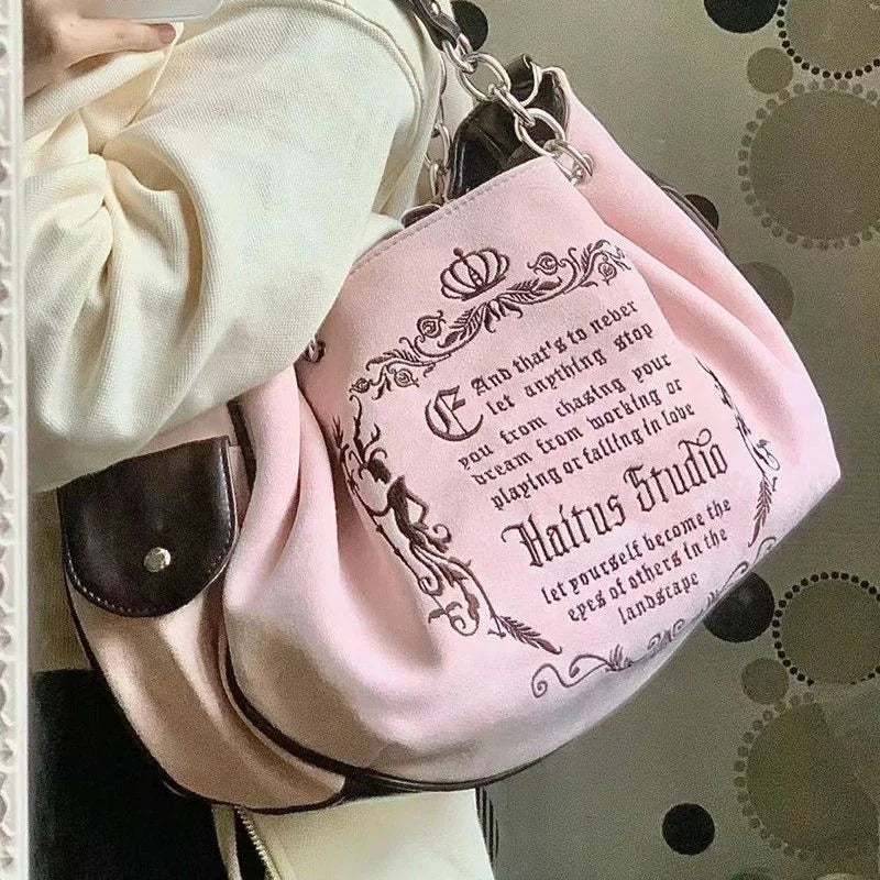 Y2K Women Pink Vintage Gothic Tote Bag Aesthetic Large Capacity Embroidery Letter Retro Ladies Grunge Chain Travel Shoulder Bags