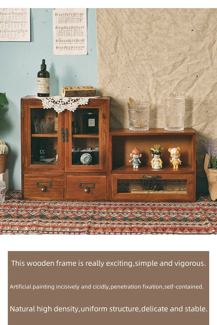 Nordic solid wood retro wooden double door display cabinet miscellaneous cosmetics storage cabinet drawer desktop storage box