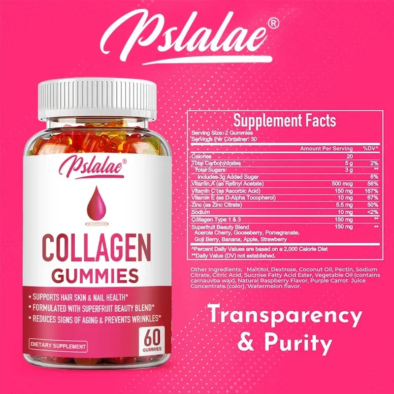 slalae Collagen Gummies – Type I & III for Skin, Hair, Nails & Joint Support | Antioxidant Wellness, Non-GMO (30/60/100 Gummies)
