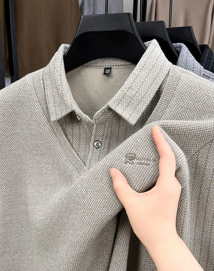 Men's Plush Sweater Autumn Winter Fashion Button Lapel Striped Pullovers Business Casual Fleece Lined Knitted Thickened Sweaters