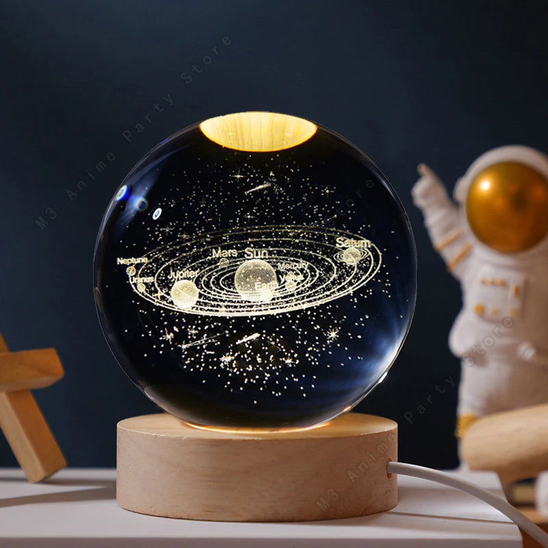 3D Planet Crystal Ball Night Light — USB Powered, Mini 5 cm Glass Globe with Wooden Base
