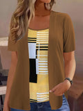 Elegant Geometric Print Mock Two-Piece T-Shirt | Plus Size Womens Summer Casual Top | Fashion Patchwork Design