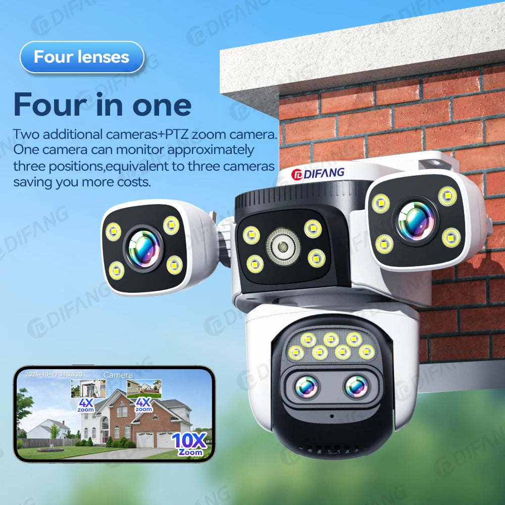 Outdoor 10K WiFi6 Camera 20MP 10X Optics Zoom Three Screen Four Len PTZ Automatic Tracking 6K Dual Lens Waterproof Security CCTV