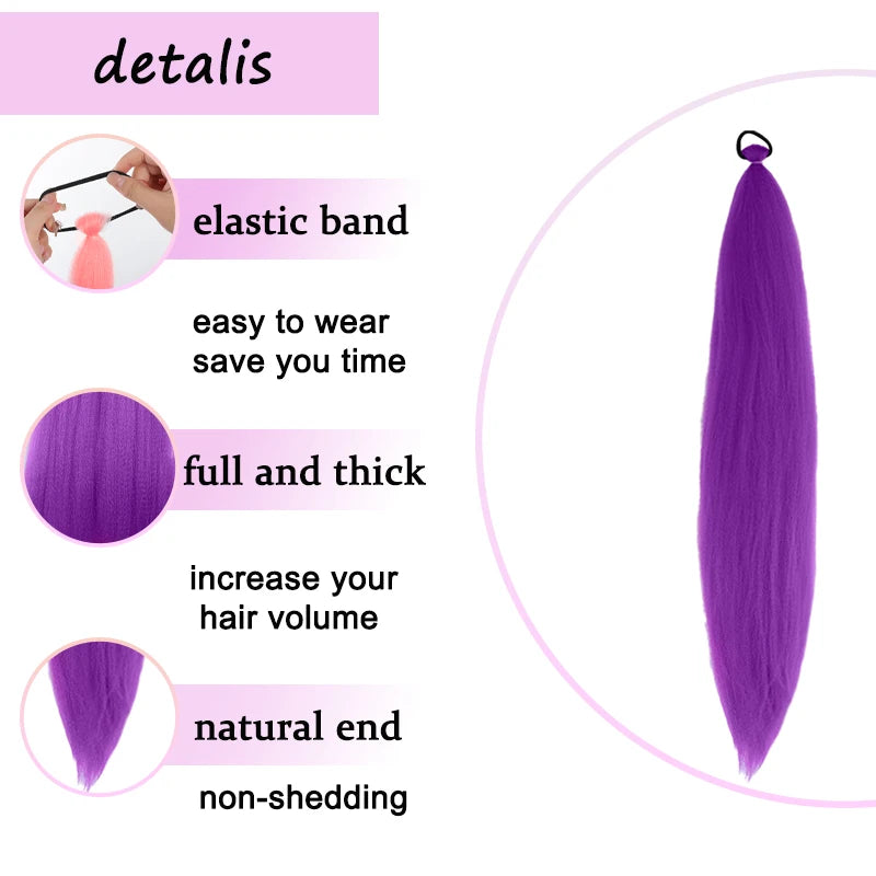 Synthetic Purple Hair Ponytail with Elastic Rubber Band Long Yaki Straight Ponytail for DIY Braiding for Christmas Halloween Use