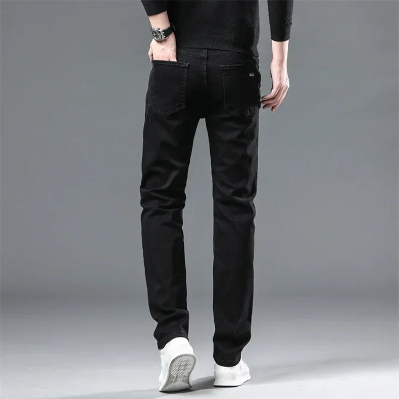 2025 New Winter Men Black Straight Stretch Denim Thick Velvet Pants Warm Jeans Casual Fleece Line Trousers Male Plus Size
