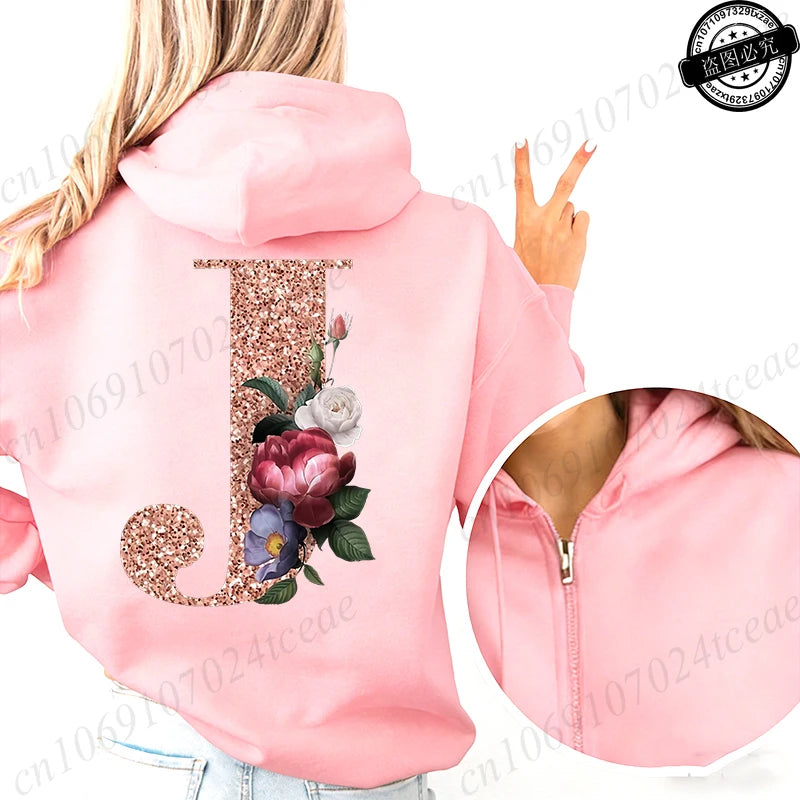 Women Zip Up Hoodies Rose Gold Letter A~Z Zipper Jackets Coats Autumn Winter Hoody Sweatshirt Fashion Casual Zip Pink Hoodie Top