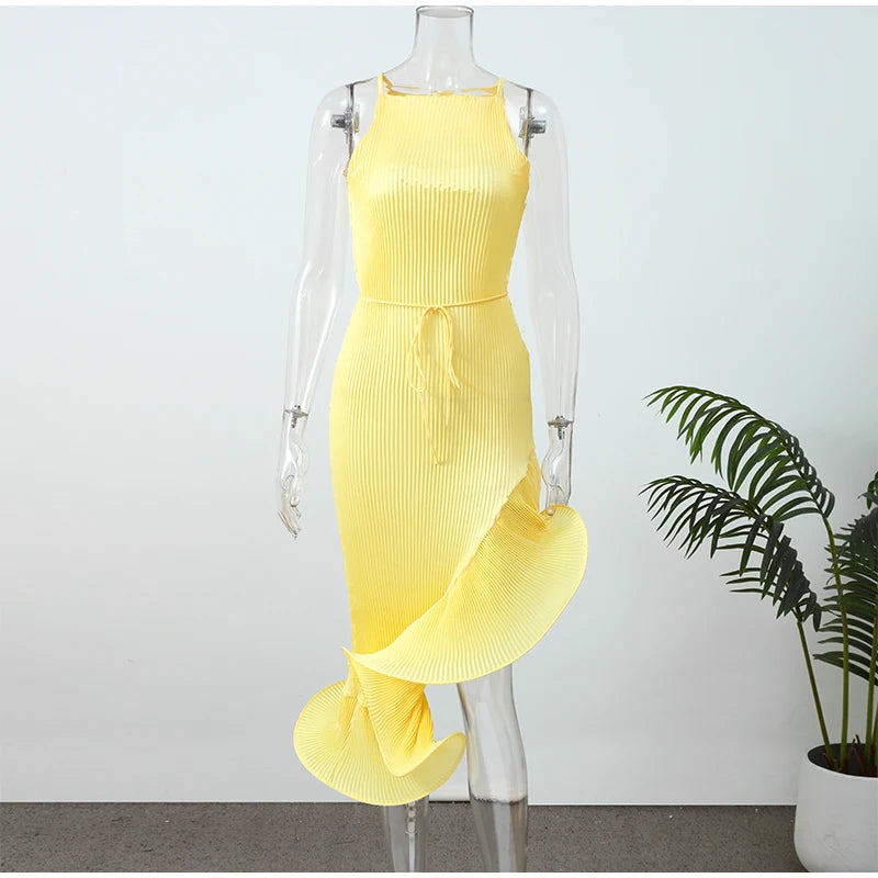 Women Romantic Yellow Halter Maxi Dress Ribbed Knit Ruffled High-slit Slim-fit Vestido 2026 Lady New Spring Trendy Fashion Robes