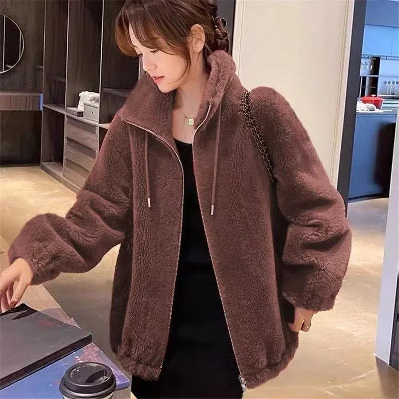 Winter Warm Double Coral Fleece Coat Women Stand Collar Plush Thick Overcoat New Fashion Loose Casual Long Sleeve Zipper Clothes