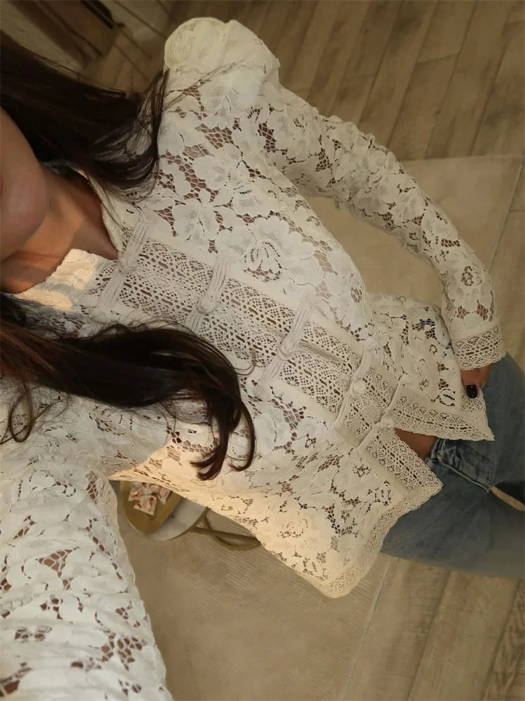 Tossy Summer Lace Printed Shirts Tops Female Hollow Out Fashion Commute Vintage See-Through Blouse Women's Lace Shrug Shirts New