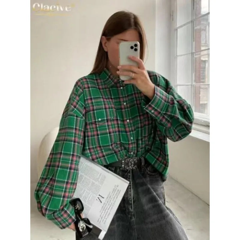 Fashion Baggy Plaid Women'S Blouse Elegant Lapel Long Sleeve Shirts And Blouses Vintage Pocket Lace-Up Top Female 2025