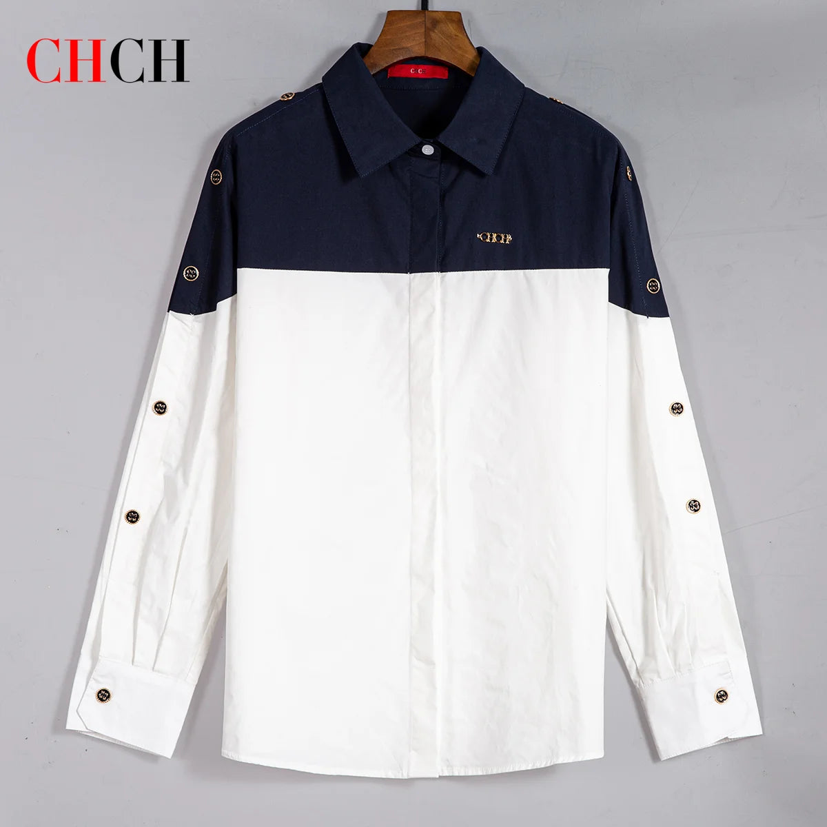 CHCH Women's Shirt 2025 New High Quality Splicing Color Contrasting Long Sleeve Business Shirt Commuter Women's Wear