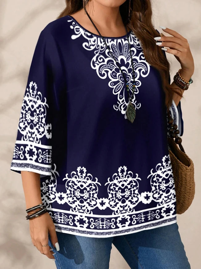 Plus Size Women’s Boho Floral T-Shirt – Navy Blue, 3/4 Sleeves
