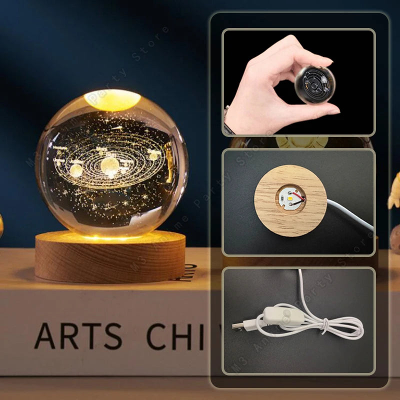 3D Planet Crystal Ball Night Light — USB Powered, Mini 5 cm Glass Globe with Wooden Base