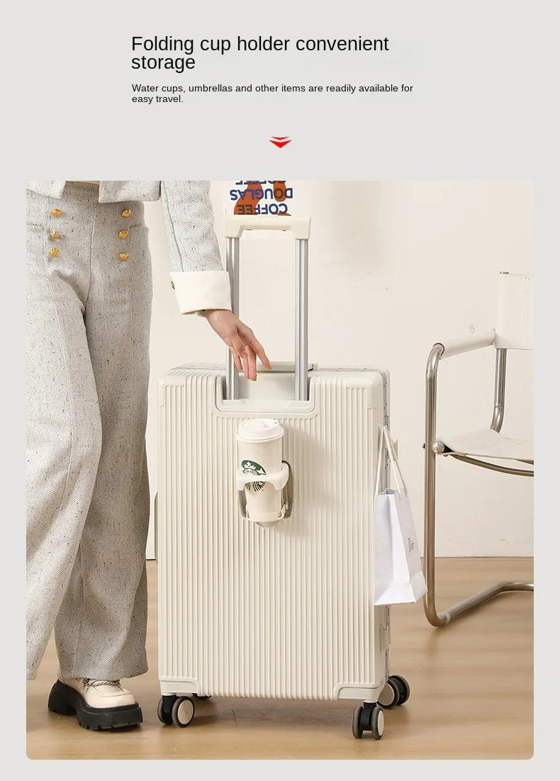 Suitcase Front Opening Pocket Aluminum Alloy Frame Rolling Luggage with USB Charging Plug Trolley Carry-on Case Bag with Wheel