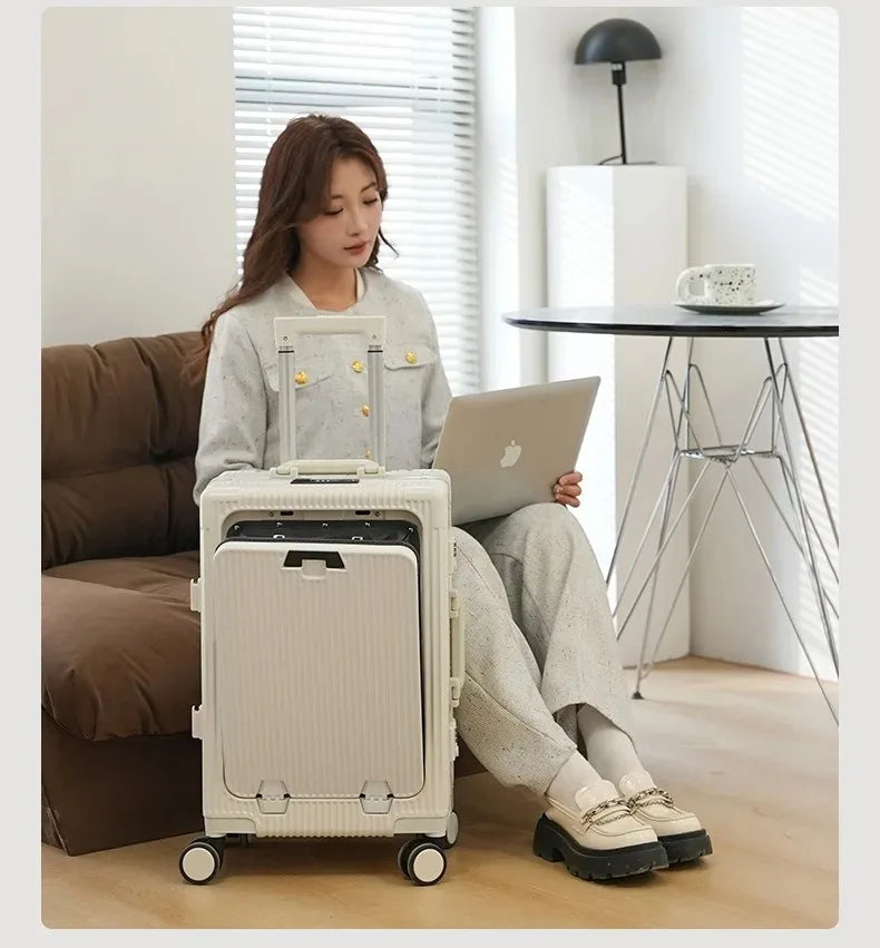 Suitcase Front Opening Pocket Aluminum Alloy Frame Rolling Luggage with USB Charging Plug Trolley Carry-on Case Bag with Wheel