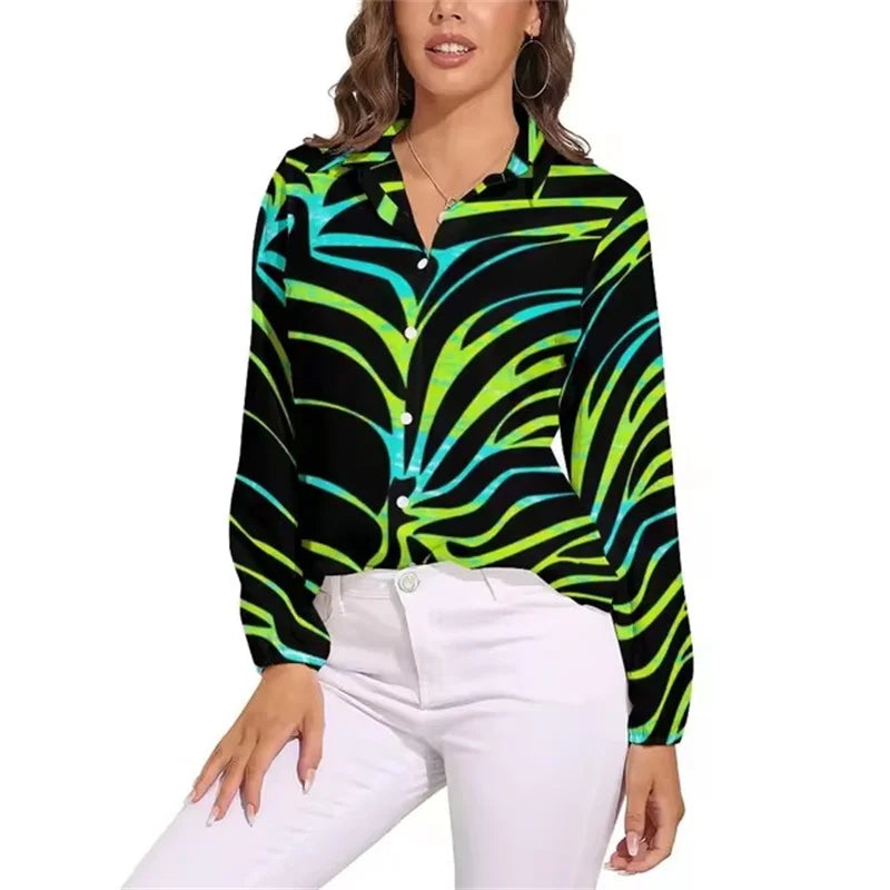 Green Zebra Stripes Blouse Woman Animal Print Casual Loose Blouses Long Sleeve Kawaii Shirts Graphic Top Big Size 2XL 3XL