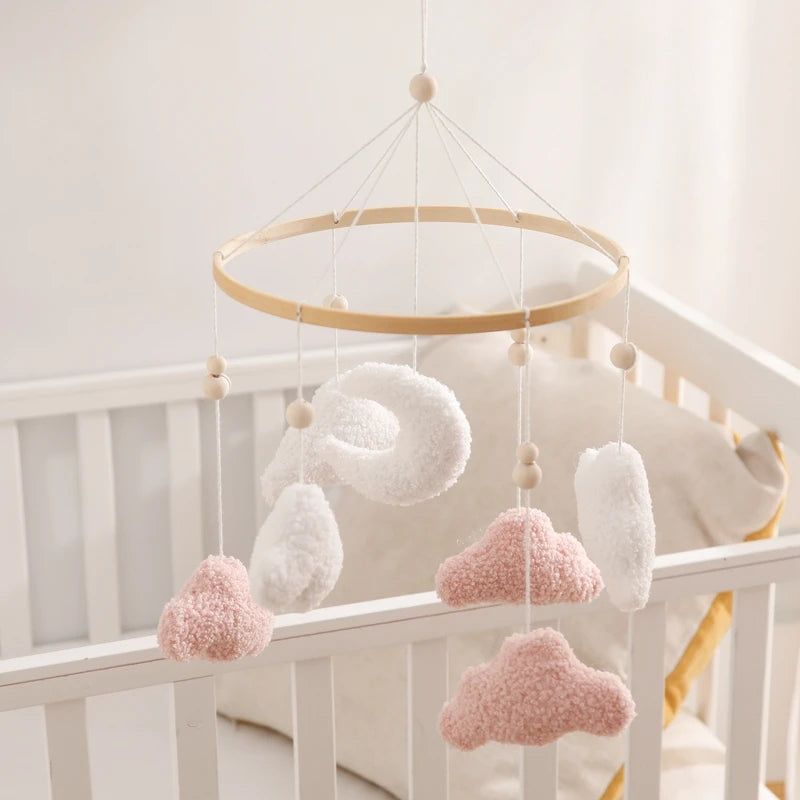 Wooden Crib Mobile Baby Bed Bell Rattle Toy Soft Felt Cartoon Bear Mobile bracket Newborn Music Box Bed Bell Hanging Bracket Toy