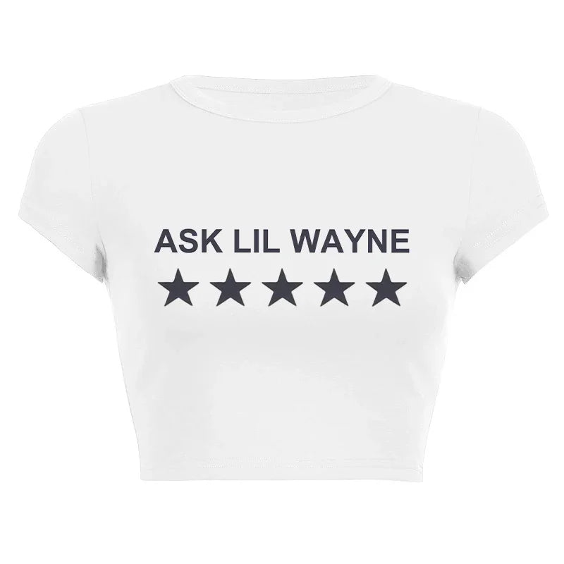 Women’s Y2K Star Letter Print Crop Top – Slim Fit Short Sleeve Tee, Spicy Girl O-Neck Baby Tee